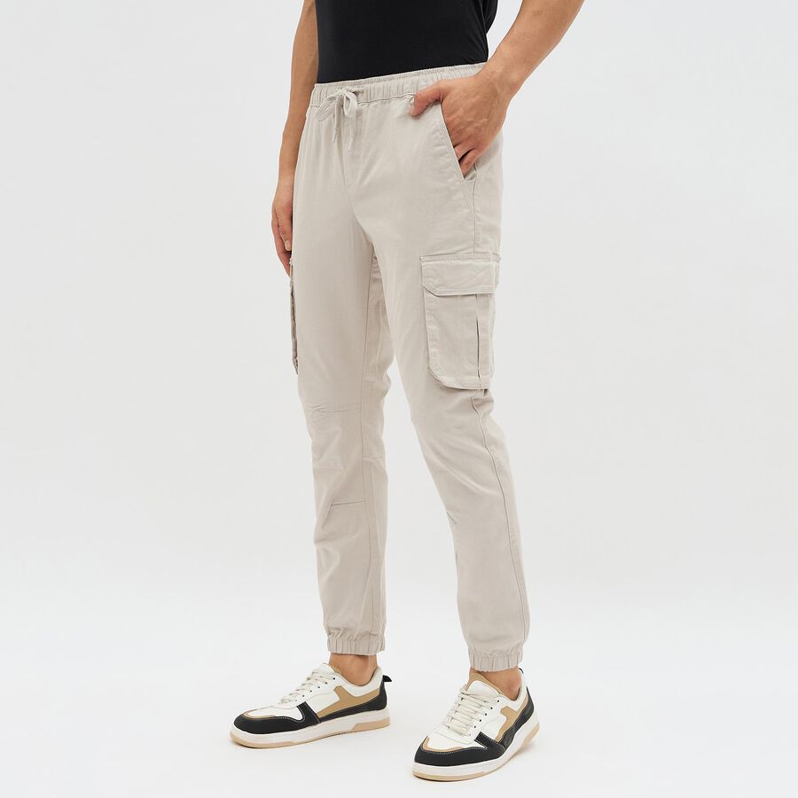 Men's Muted Beige Slim Fit Cargo Joggers, Silver, large image number null
