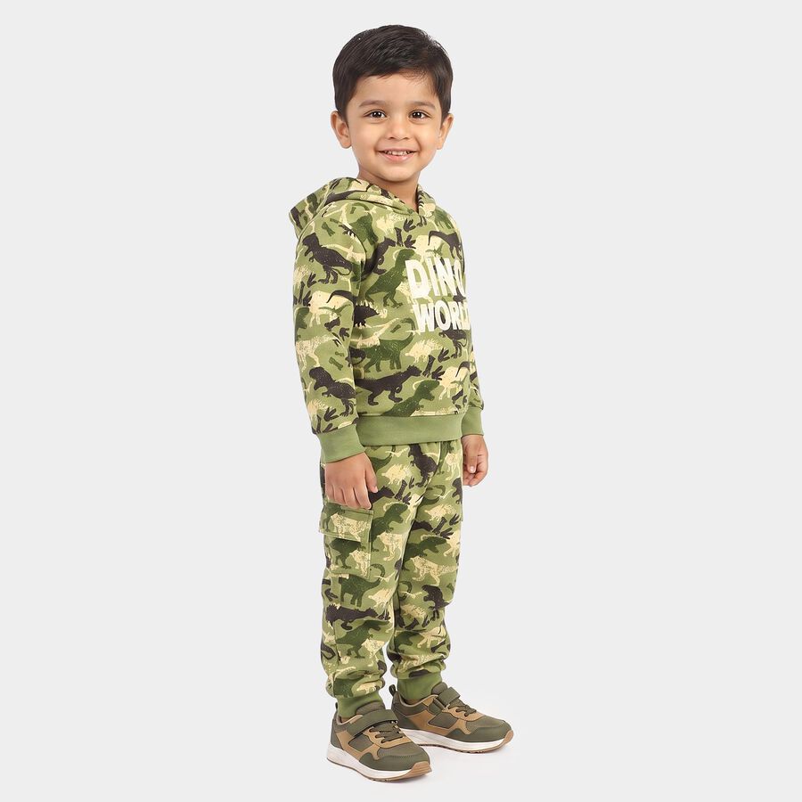 Boys Olive Green Hooded Graphic Print Baba Suit, Olive, large
