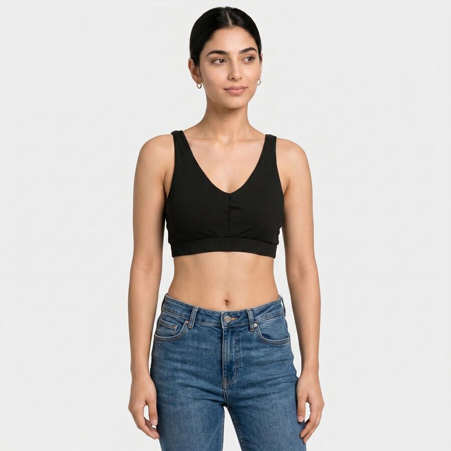 Women's Black V-Neck Sports Bra, काला, large