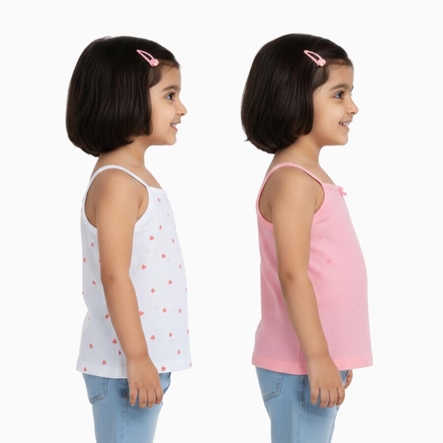 Girls' Pink and White Cotton Square Neck Sleeveless Vest, Pink, large image number null