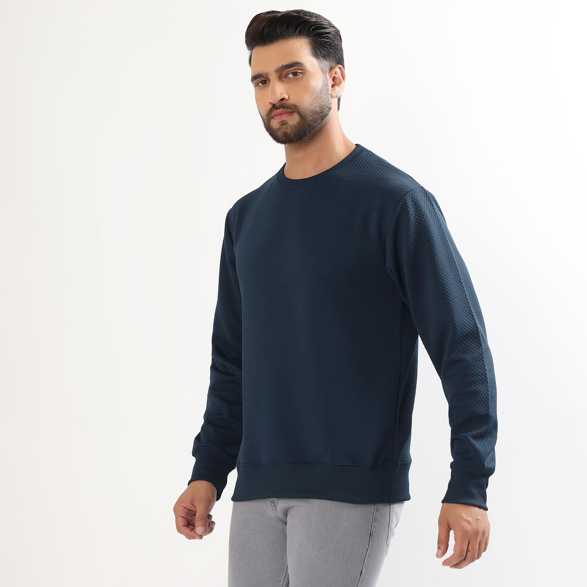 Brink Men's Deep Navy Blue Crew Neck Textured Sweatshirt | Vishal