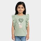 Girls' Mint Green Cotton Round Neck Graphic Print T-Shirt, Light Green, small