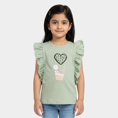 Girls' Mint Green Cotton Round Neck Graphic Print T-Shirt