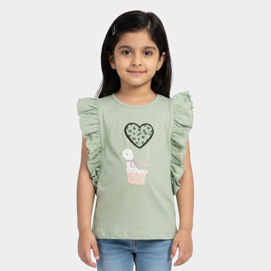 Girls' Mint Green Cotton Round Neck Graphic Print T-Shirt, Light Green, large