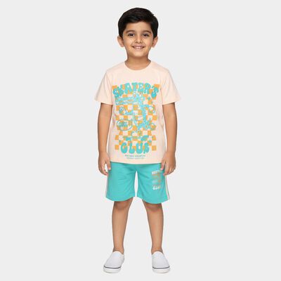 Boys Peach Cotton Round Neck Printed Baba Suit