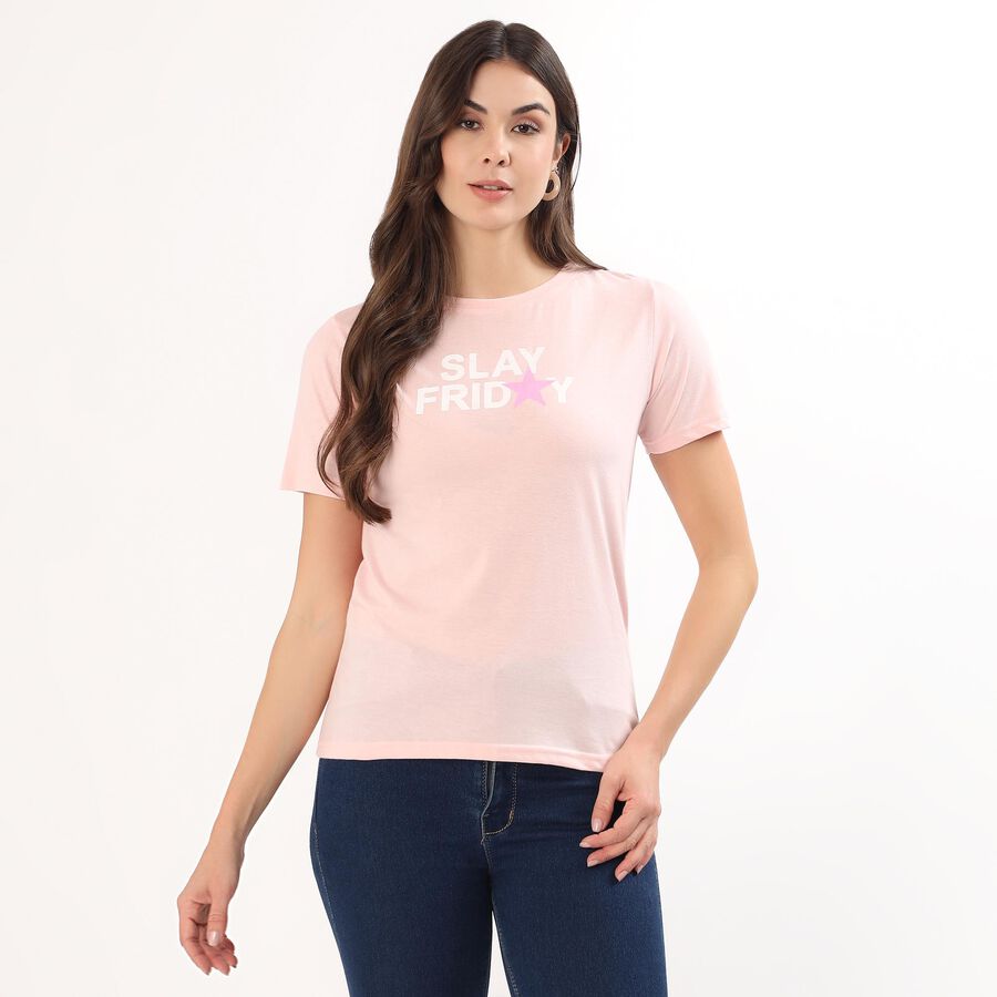 Women's Light Pink Round Neck Casual T-Shirt, हल्का गुलाबी, large