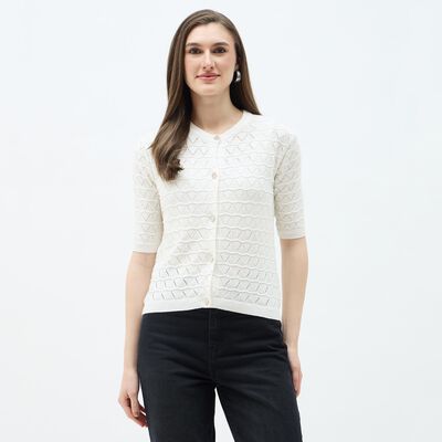 Women's Off-White Cotton Round Neck Casual Top