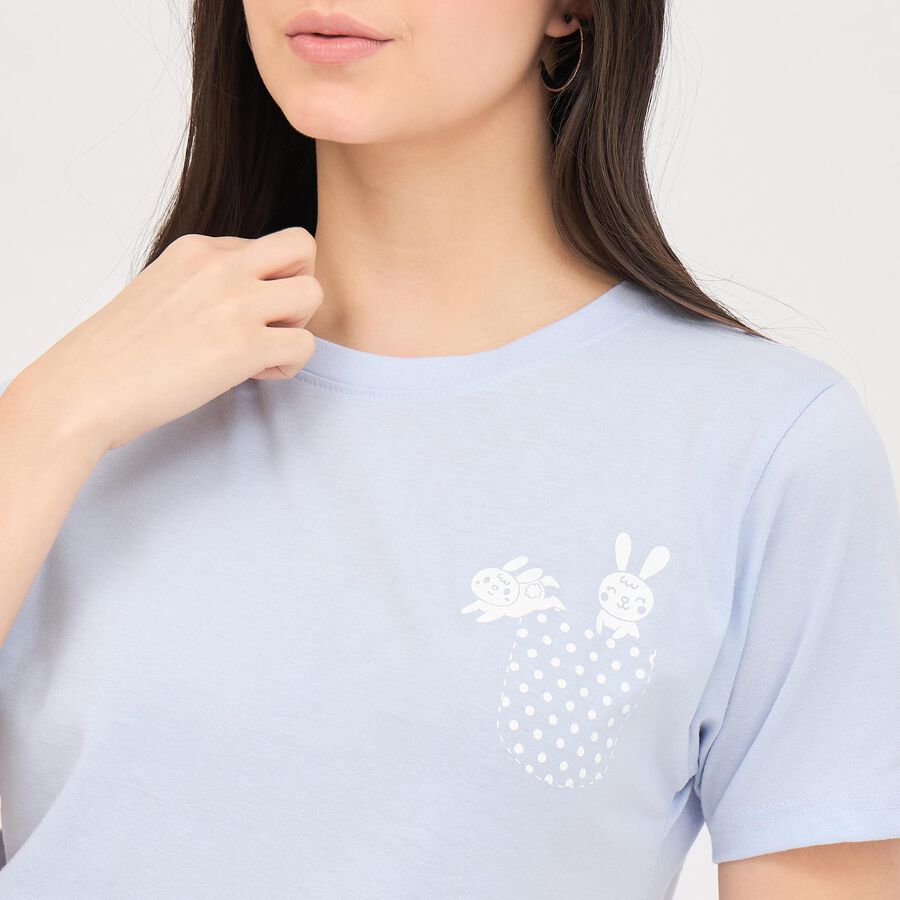 Women's Light Blue Round Neck Printed T-Shirt, हल्का नीला, large image number null