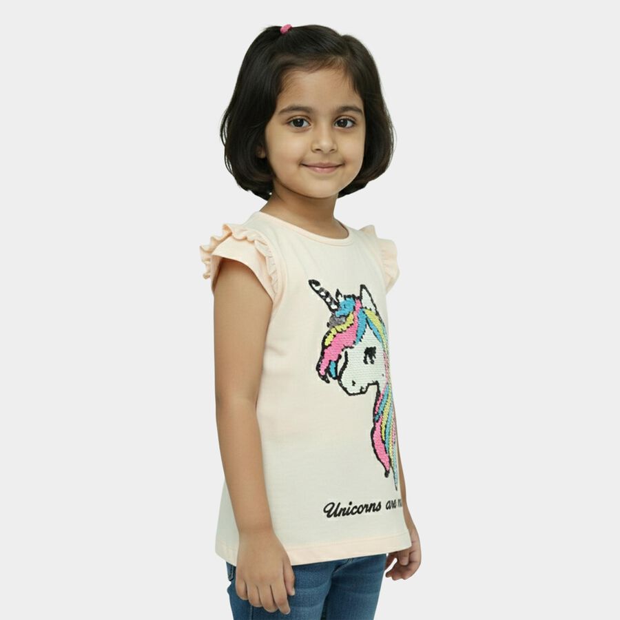 Girls' Pink Cotton Round Neck Unicorn Printed T-Shirt, हल्का गुलाबी, large