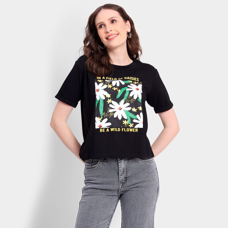 Ladies' Round Neck T-Shirt, काला, large image number null
