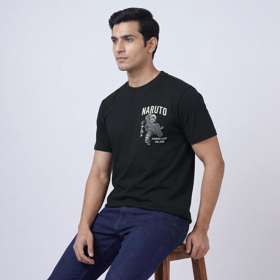 Men's Black Cotton Round Neck Casual T-Shirt, Black, large