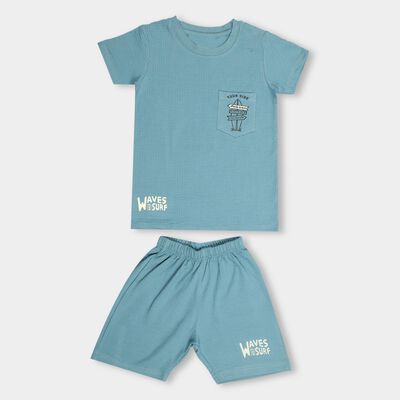 Boys' Sky Blue Round Neck Placement Printed Baba Suit