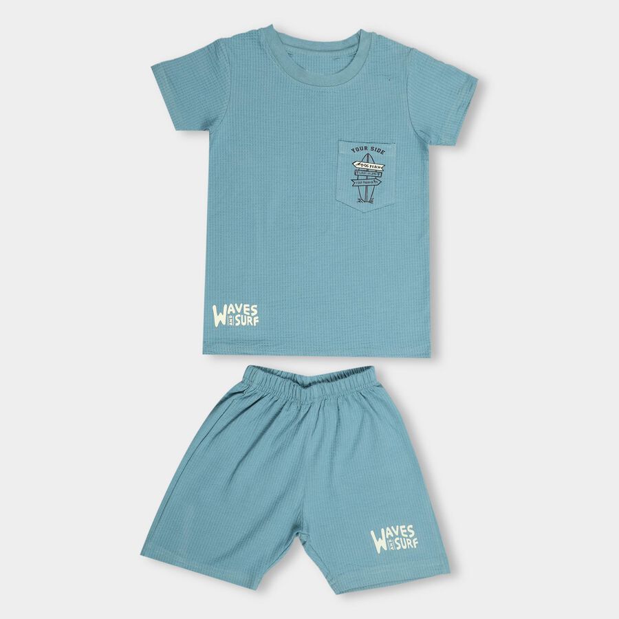 Boys' Sky Blue Round Neck Placement Printed Baba Suit, Teal Blue, large image number null