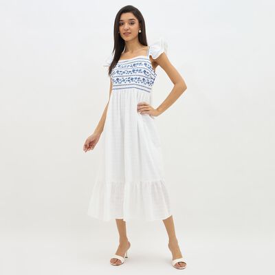 Women's Bright White Cotton Sleeveless Empire Dress