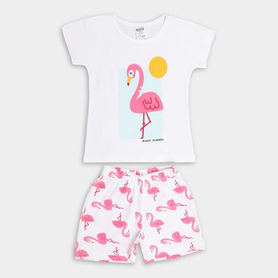 Girls' White Flamingo Printed T-Shirt and Shorts Set