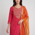Women's Fuchsia Notch Neck Embroidered Kurta, रानी (फ्यूशिया), small