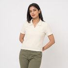 Women's Cream Polo Neck Polo T-Shirt, Off White, small