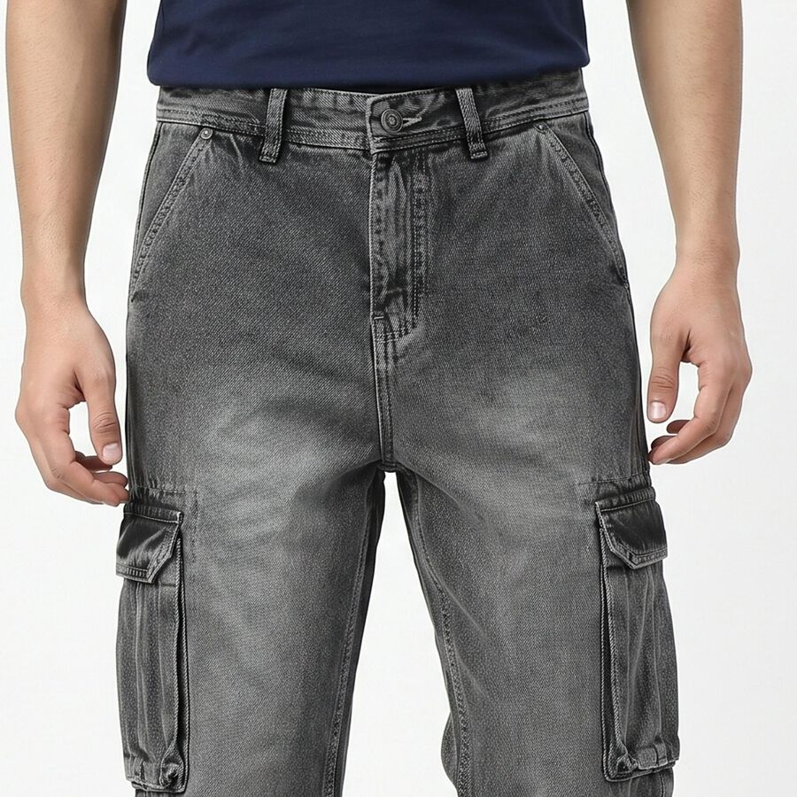 Men's Grey Cargo Fit Washed Jeans, Light Grey, large