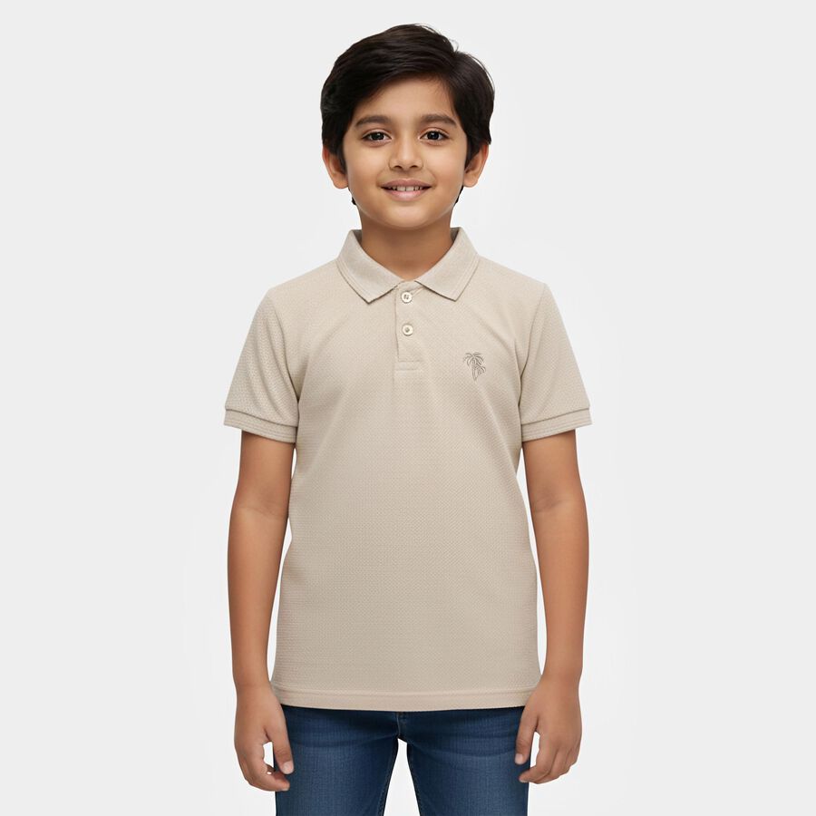 Boys' Beige Round Neck Casual T-Shirt, गहरा पीला, large