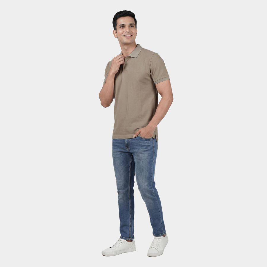 Men's Beige Cotton Polo Neck Classic T-Shirt, Beige, large