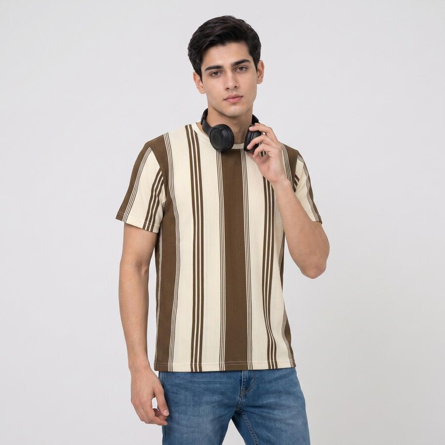 Men's Brown Round Neck Striped Regular T-Shirt, भूरा, large