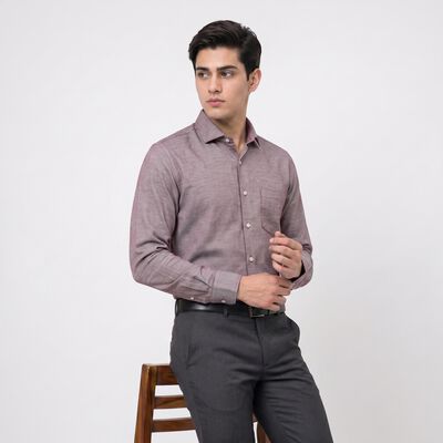 Men's Wine Cotton Blend Long Sleeve Point Collar Regular Fit Formal Shirt