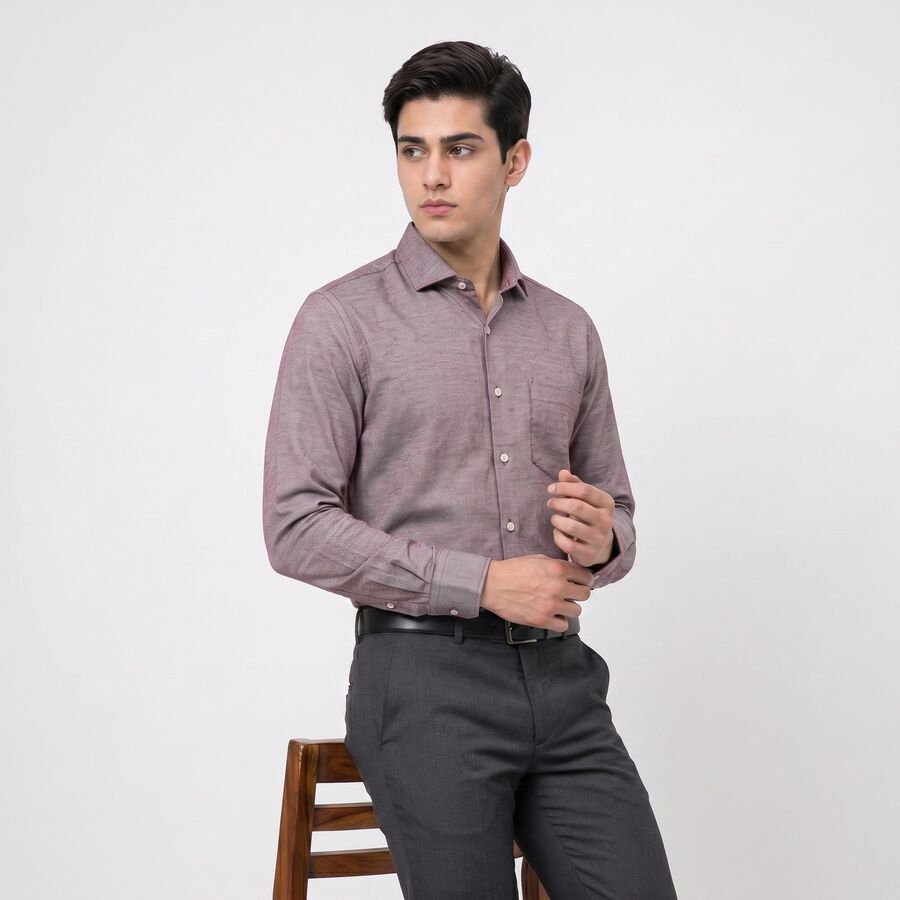 Men's Wine Cotton Blend Long Sleeve Point Collar Regular Fit Formal Shirt, वाइन, large