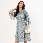 Women's Teal Floral Ruffled Neck Bohemian Dress, ऑफ व्हाइट, small image number null
