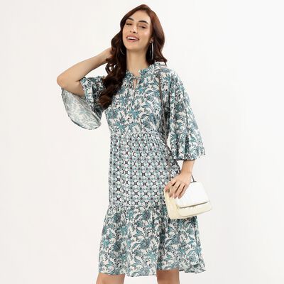 Women's Teal Floral Ruffled Neck Bohemian Dress