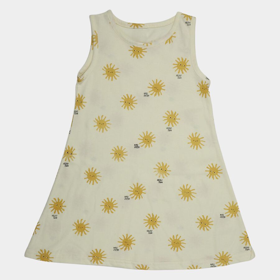 Girls' Yellow A-Line Sun Printed Sleeveless Frock, Yellow, large