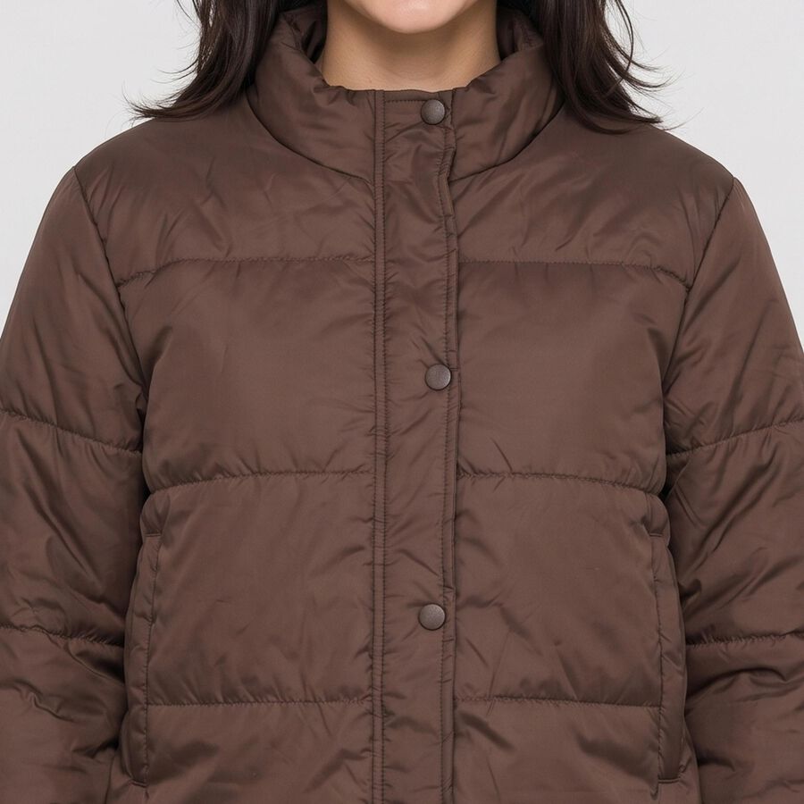 Women's Brown Stand Collar Puffer Jacket, Brown, large