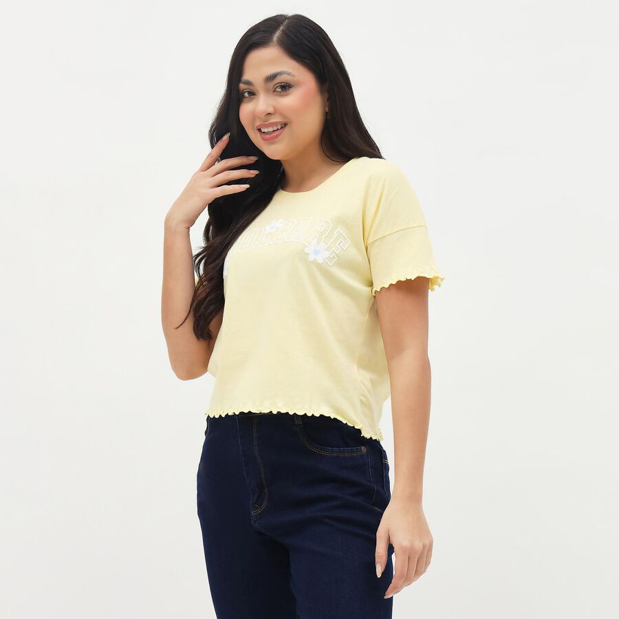 Women's Soft Yellow Cotton Round Neck Casual T-Shirt, Yellow, large