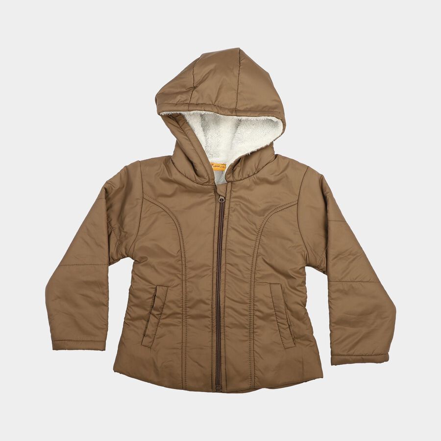 Girls Brown Hooded Puffer Jacket, Brown, large