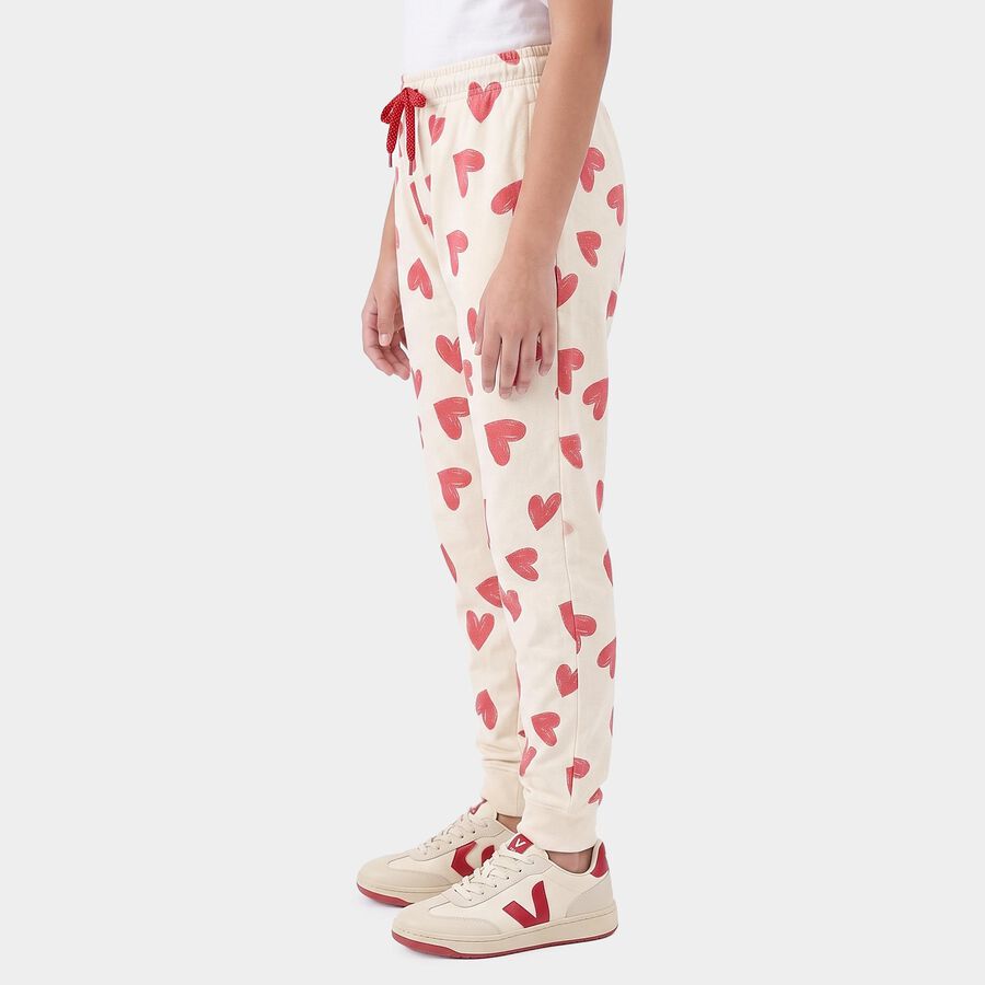 Girls' Cream Jogger Heart Printed Winter Pyjama, ऑफ व्हाइट, large