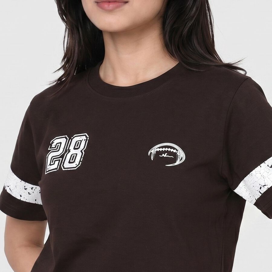 Women's Brown Round Neck Regular T-Shirt, Brown, large