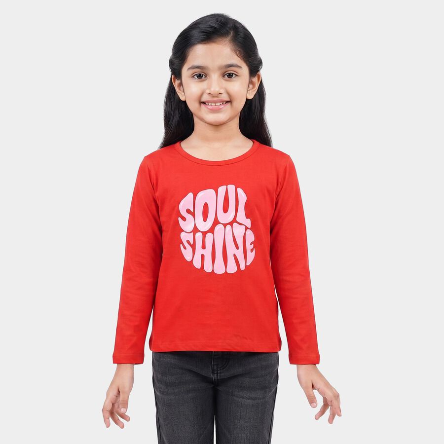 Girls Red Round Neck Regular Top, Red, large