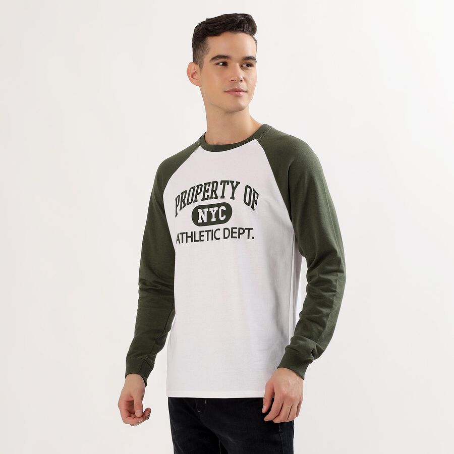 Men's White and Olive Green Crew Neck Casual T-Shirt , Light Green, large image number null