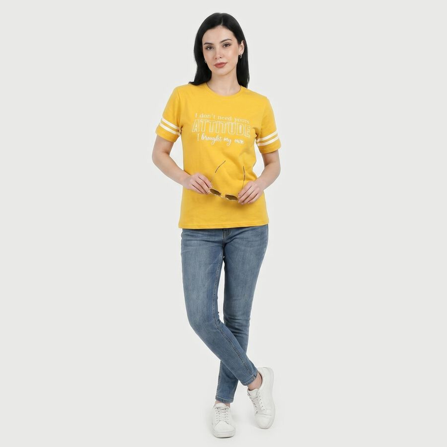 Women Yellow Round Neck Regular T-Shirt, पीला, large