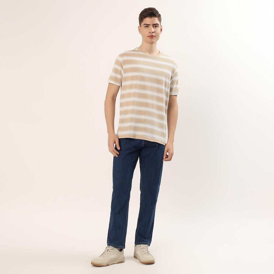 Men's Beige Cotton Blend Round Neck Casual T-Shirt, Beige, large