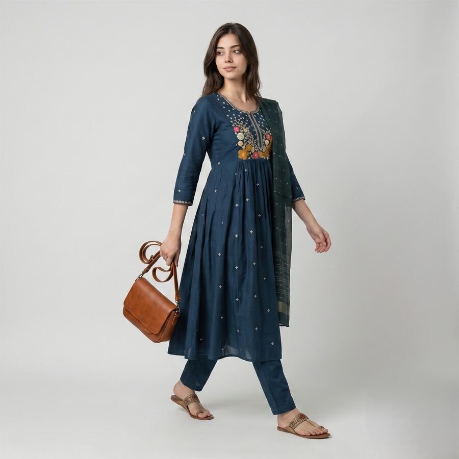 Women's Navy Blue Embroidered Ethnic Set, Teal Blue, large