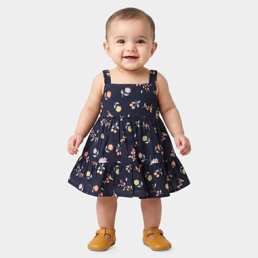 Infants' Navy Blue Tiered Floral Printed Frock, नेवी ब्लू, large