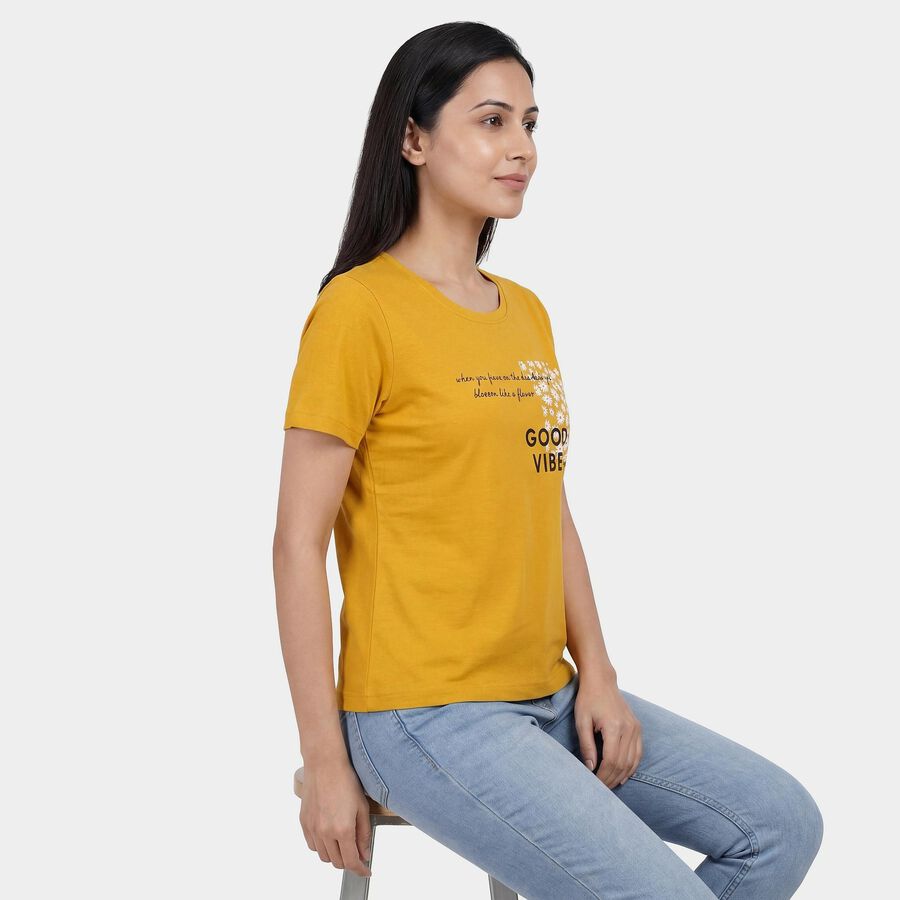 Women's Mustard Yellow Round Neck Ribbed T-Shirt, Mustard, large