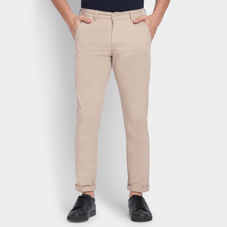 Men's 100% Cotton Slim Fit Casual Trousers , Beige, large image number null