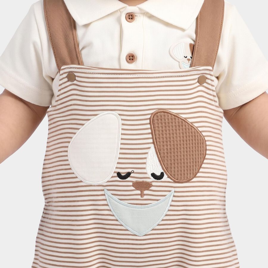Infants' Beige 100% Cotton Polo Neck Striped Appliqu&eacute; Baba Suit, Beige, large