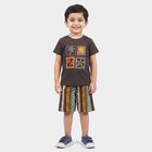 Boys Charcoal Cotton Crew Neck Graphic Print Baba Suit, Charcoal, small