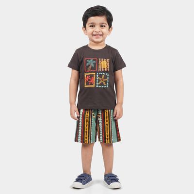 Boys Charcoal Cotton Crew Neck Graphic Print Baba Suit