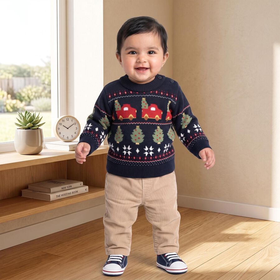 Infants' Navy Blue Crew Neck Printed Pullover, नेवी ब्लू, large
