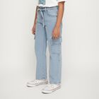 Girls' Light Blue Relaxed Fit Cargo Jeans with Rhinestone Embellishments, Light Blue, small image number null