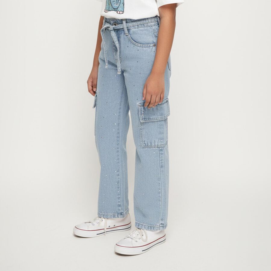 Hand Print Girls #39 Light Blue Relaxed Fit Cargo Jeans with Rhinestone