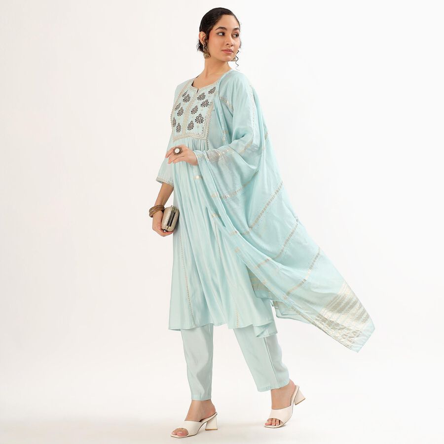 Women's Soft Aqua Blue Embroidered Ethnic Set, Light Blue, large image number null